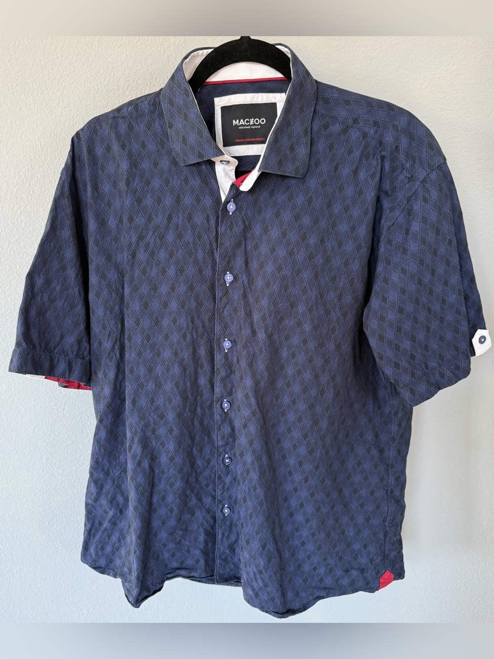 Maczoo Navy Blue Italian Jacquard Short Sleeve Button Shirt • Men’s 5/XL